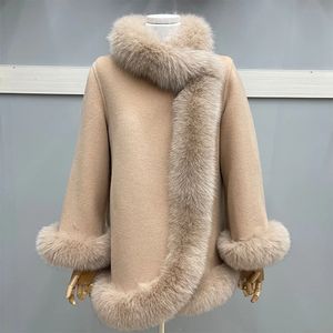 Mode Natürliche Winter Pelzmantel Echt Fox Pelz Kragen Kaschmir Wolle Woolen Frauen Jacke Luxus Outwear Damen Weiblichen Mantel 240102