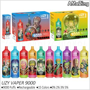 Uzy Vaper Puff 9K E Cigaretter 9000 Puffs Disponibla ångor Mesh -spole laddningsbara RGB -lampor 15 Flavors Vaporizers 0% 2% 3% 5% 5%