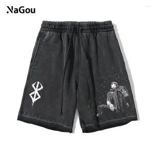 Men's Shorts Anime Berserk Men Vintage Black Hip Hop Loose Fifth Pants Summer Manga Print Washed Cotton Short Fitness Y2k