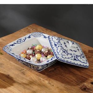 Pratos Azul e Branco Prato de Porcelana Cerâmica Fruta Lanche Bandeja Quadrada Oval Caixa Seca Salada Tigela Jantar