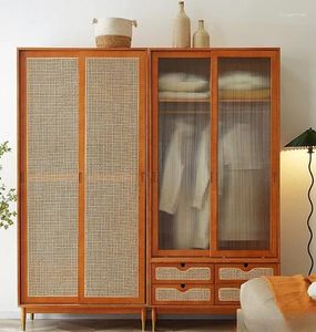 Hangers Japanese Style Solid Wood Rattan Woven Wardrobe Two Door Bedroom Storage Minimalist Small Unit