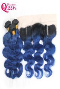 1B Ocean Blue Body Wave Ombre Brazilian Virgin Human Hair Weaves 3 Bundles With 13x4 Ear to Ear Bleached Knots Lace Frontal Closur4275492