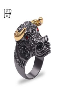 Animal Bull Head Ring Men Black Gold Color Micro Pave Rhinestone Hip Hop Rings for Mens Jewelry Rapper Rock Zodiac Ring Men3178588