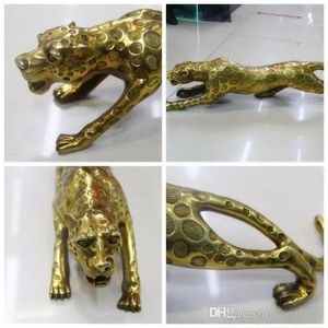 Crafts Chineses Folk Bronze Copper Money Lucky Leopard Cheetah Art estátua Figuras 25cm