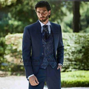 Męskie garnitury Blazers Przystojne męskie garnitury ślubne Slim Fit Groom Tuxedos 3 sztuki zestawy oblubieńce Blazery z jacquard kamizelki strój Q230103