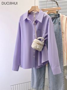 Duojihui Purple Chic Polo Neck Loose Pocket Women Shirt Spring Basic Long Sleeve Simple Color Fashion SXL Female 240102