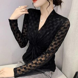 T-shirt #8872 Black Khaki Plaid Mesh T Shirt Women V Neck Slim Basic Wrap T Shirt Femme Elegant Elastic Womens Tops Thin Korean Style