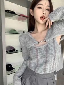 Kadınların Sweaters Örme Sırıştırıcıları Yuvarlak Boyun Söjel Çizgisiz Kefit Kaşaezo Hoodie Uzun Kollu Tek Düğme Metal Üstleri İki Parçalı Setler İçin