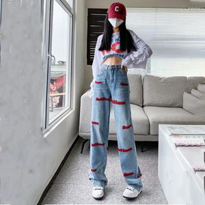 Kvinnors jeans kvinnor sommarbroderi alfabetet korea stil hög midje mode byxor y2k trend version byxor