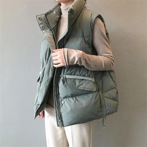 Leather White Loose Warm Vest Women 2023 Winter Thick Cotton Padded Waistcoat Striped Stand Collar Sleeveless Jacket Zipper Quilted Vest