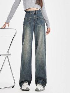 Jeans da donna Pantaloni denim da donna blu a vita alta Streetwear Tasche vintage Pantaloni dritti a lunghezza intera alla moda coreana a gamba larga