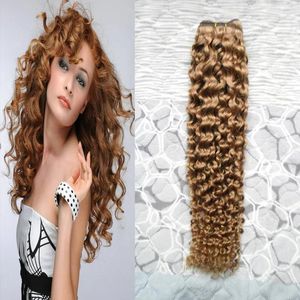 Wefts brasilianska jungfruhår honung blondin väv kinky lockiga buntar 100 g 1 st mänskliga hårbuntar blond brasiliansk hår dubbel inslag