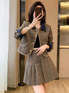 Arbeitskleider England Preppy Style Denim Stitching Plaid Woolen Zweiteiliges Set Damen Tweed Kurze Jacke Mantel Falten Minirock Anzug