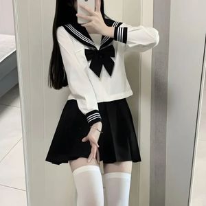 Grundläggande JK Black Collar White Lines School Uniform Girl Sailor Suits Pleated Kirt Japanese Style Clothes Anime Cos Costume 240102