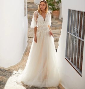 Nowy przybycie A Line Wedding Suknia 2024 Koronki w szyku V-Neck Appliques Backless Księżniczka Sieć Kobiety Bride Suknie ślubne Vestido de Novias szata de Mariage