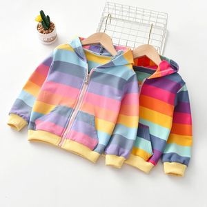 Осенняя куртка с капюшоном для маленьких девочек, детский свитер, рубашка с радужной полосой, футболка с длинными рукавами, детские топы, толстовка на молнии, детское пальто 240103