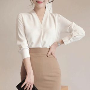 Ladies Tops Office Chiffon Blouse Women Fashion Vneck Long Sleeve white Shirt Female Casual Spring Blusas Mujer 240102