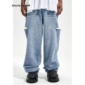 UncleDonJM lavé Vintage côté déchiré décontracté jean ample bleu Y2k hommes en détresse Baggy surdimensionné Denim 240102