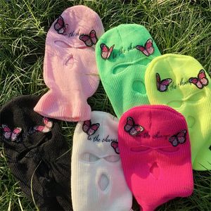 Pink Butterfly Ski Mask Knitted Face Balaclava Full For Women Be The Change Mbroidery Caps Men Party Outdoor Sports CS 240103