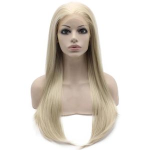 Wigs 24" Long Ash Blonde Silky Straight Half Hand Tied Heat Resistant Synthetic Fiber Lace Front Fashion Wig S02