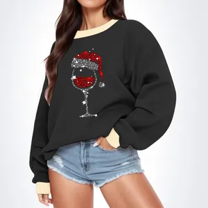 Women's Hoodies Oversized Sweatshirts For Womens Christmas Wine Glasses Printed Pullover Fun Graphic Sweatshirt Casual Loose Sweater Tops