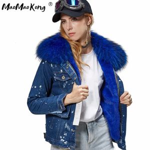 Maomaokong Autumn Winter Coat Women Denim Jacket Girl Bomber Faux Fur Thick Lining Raccoon Big Collar 240103