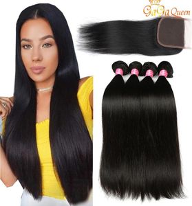 28 30 cali Gagaqueen Brazylijskie Postawowe Włosy z zamknięciem 3 pakiety Human Hair Extensions 4x4 Lace Closure with Brazylian 2038859