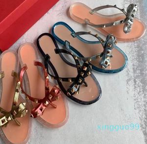 Brands Women Rivets Bow knot Flat Slippers sandals Girls Flip Flops studded Summer Shoes Cool Beach Slides Jelly Shoes