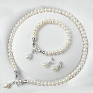 Klassische Perlenschmuck-Sets, echte natürliche Süßwasserperlen, Schmuck aus 925er Sterlingsilber, Ohrringe, Armband, Halskette für Frauen 240103