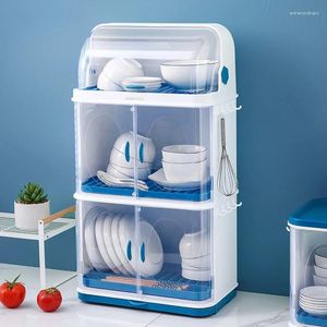 Kitchen Storage HOOKI Dish Rack Three-Tier Plastic Tableware Organizer With Lid Drain Box Insect-proof Cupboard