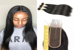 Brasilianskt mänskligt hår 3 buntar med 2x6 mittdel spetsstängning billig silkeslen rak 26 tum naturlig utseende djupt avsked c9148414