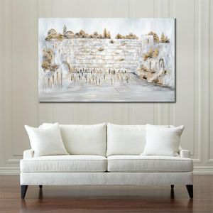 Textured Jewish Art Contemporary Painting on Canvas Wailing Wall Jerusalem White Gold Handmade Oil Landscape Artwork Modern Living Room Decor