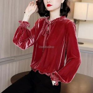 Ethnic Clothing 2024 Chinese Style Improved Velvet Tang Suit Top Shirt Vintage Fashion Long Sleeve Hollow Out Design Base Blouse T001
