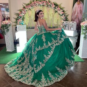 Зеленые платья Quinceanera, милые золотые аппликации, кружевные бусины, корсет на шнуровке, оборки, выпускные платья, Vestidos 15 De XV Anos