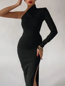 Длинные элегантные платья для женщин, летнее платье макси на одно плечо, облегающее сексуальное черное платье с разрезом, свадебное вечернее платье 240103