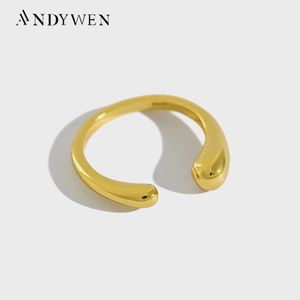 Andywen 925 Sterling Silver Gold Open Bangle Resizable Rings Women Adjutable Plain Ring Jewelry Party Party Statement 240103