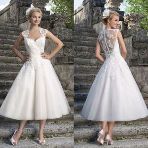 Comprimento do chá uma linha vestidos de casamento rendas apliques vestidos de noiva do vintage botões traseiros ilusão clássico jardim vestido de noiva 2024