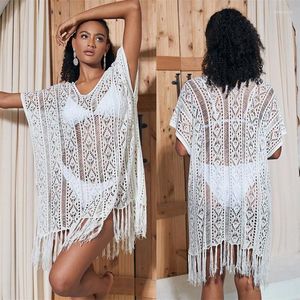 Women's Swimwear Swim Cover Up For Women Female Dress Beach Exit Trend 2024 Knitted Fringe Smock Sexy Hollow Shirt Bikini Solid Polyester