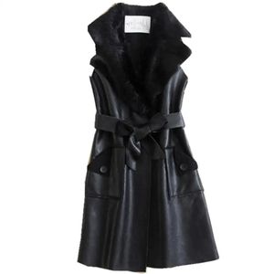 Gilet Autunno Inverno Donna Gilet Gilet di velluto Caldo ispessito Pelle PU Cappotto lungo Colletto couverture Giacca gilet con cintura sottile