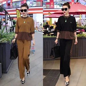 Suits 2022 Spring and Summer Internet Hot Stitching Fashion Temperament Plaid Sweater Wide Leg Pants Casual Suit Fashion twopiece set