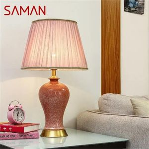 Table Lamps SAMAN Ceramic Pink Luxury Copper Desk Light Fabric For Home Living Room Dining Bedroom Office