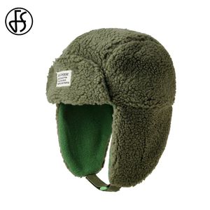 FS Warm Russian Hats For Women Men Green Lamb Wool Winter Beanie Cap Ear Protecting Bomber Hat Thickened Flying Caps 240102