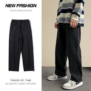 Spring Streetwear Baggy Jeans Men Korean Fashion Loose Straight Wide Ben Pants Mane Brand Clothing Black Light Blue 240102