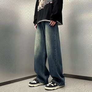 Vintage Herren Jeans mit geradem Bein, koreanischer Student, hübsche Freizeithose, High Street, locker, weit, blau, Baggy 240102