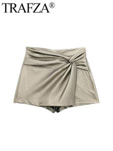 T-Shirt TRAFZA 2024 Woman Knot Shorts Mini Skirt Gold Women's Skort Pleated High Women Waist Short Skirts Woman Chic Elegant Mini Skirt