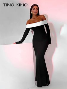 セクシーなオフショルダーパネルドレス女性ストラップレス長袖パッチワーク地面長いスカートエレガントな新年パーティーローブ2024 NEW 240103