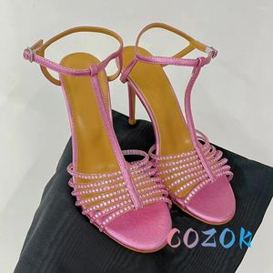 Sandals Sexy Rose Fishbone Crystal T-belt Ankle Buckle High Heel TPU Peep Toe Stiletto Luxury Evening Dress Shoes Summer