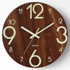 Настенные часы, 12 дюймов, деревянные часы, ночник, большое количество, коричневый МДФ, бесшумное украшение дома, современный кварцевый механизм