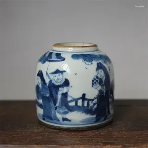 Garrafas chinesas antigas marcadas em azul e branco personagem história padrão jarra de água de porcelana