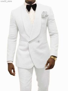 Men's Suits Blazers Custom Pour Hommes Made Groomsmen White Pattern Groom Tuxedos Shawl Lapel Suits 2PCS Wedding ( Jacket+Pants )Come Homme Q230103